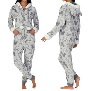 Disney One-Piece Fleece Hooded Pajama Womens Medium Gray Front Zip Cozy Comfy
